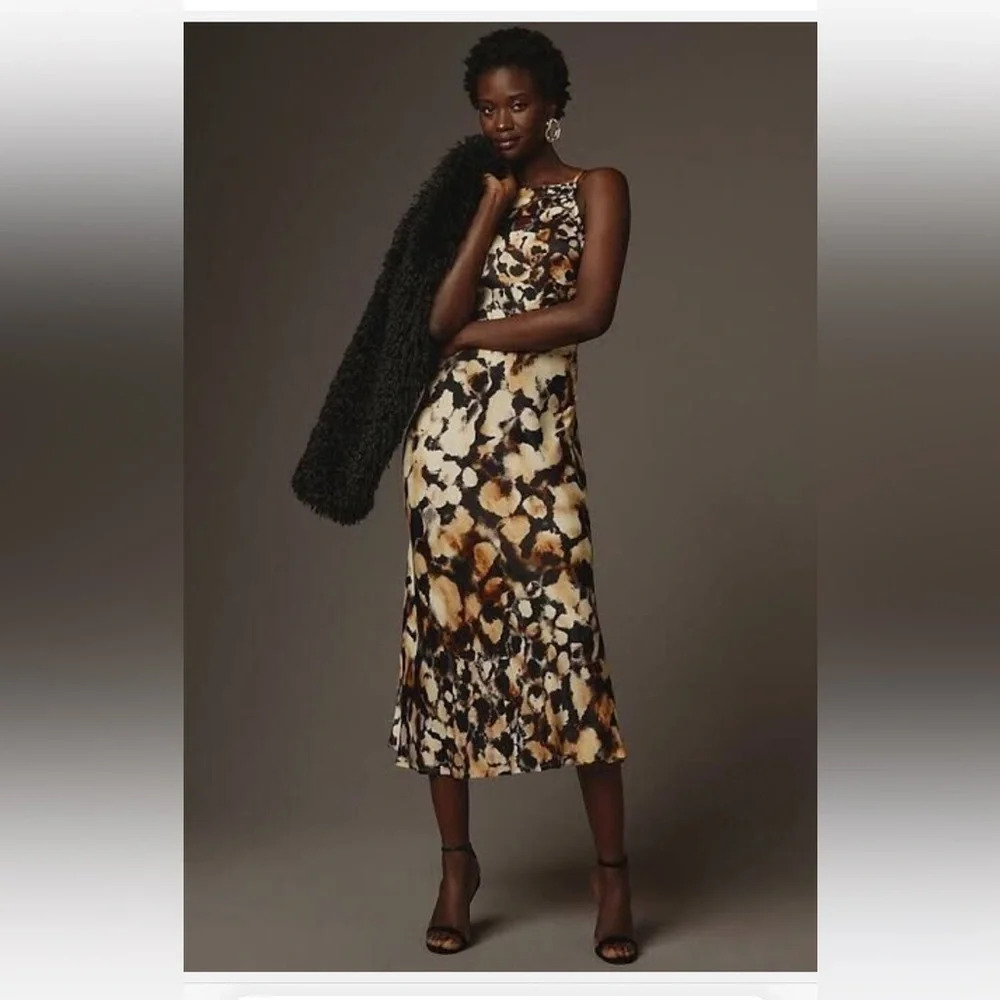 Anthropologie Conditions Apply High-Neck Midi Slip Dress Size L Black and Brown